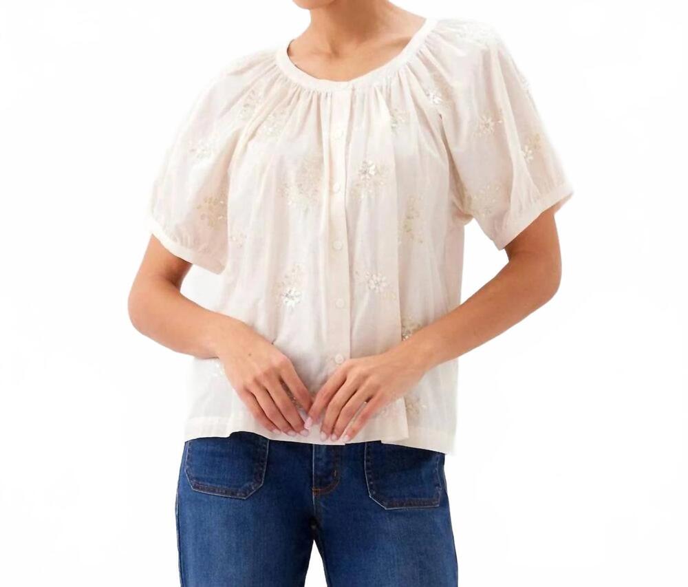 NEW KAREN KANE short sleeve embroidered peasant top in natural